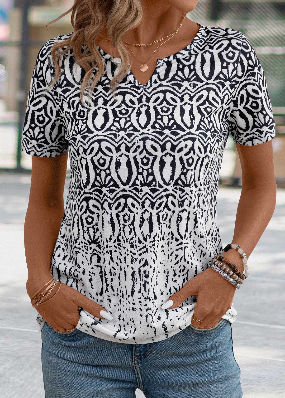 Black Tribal Print Short Sleeve Split Neck T Shirt