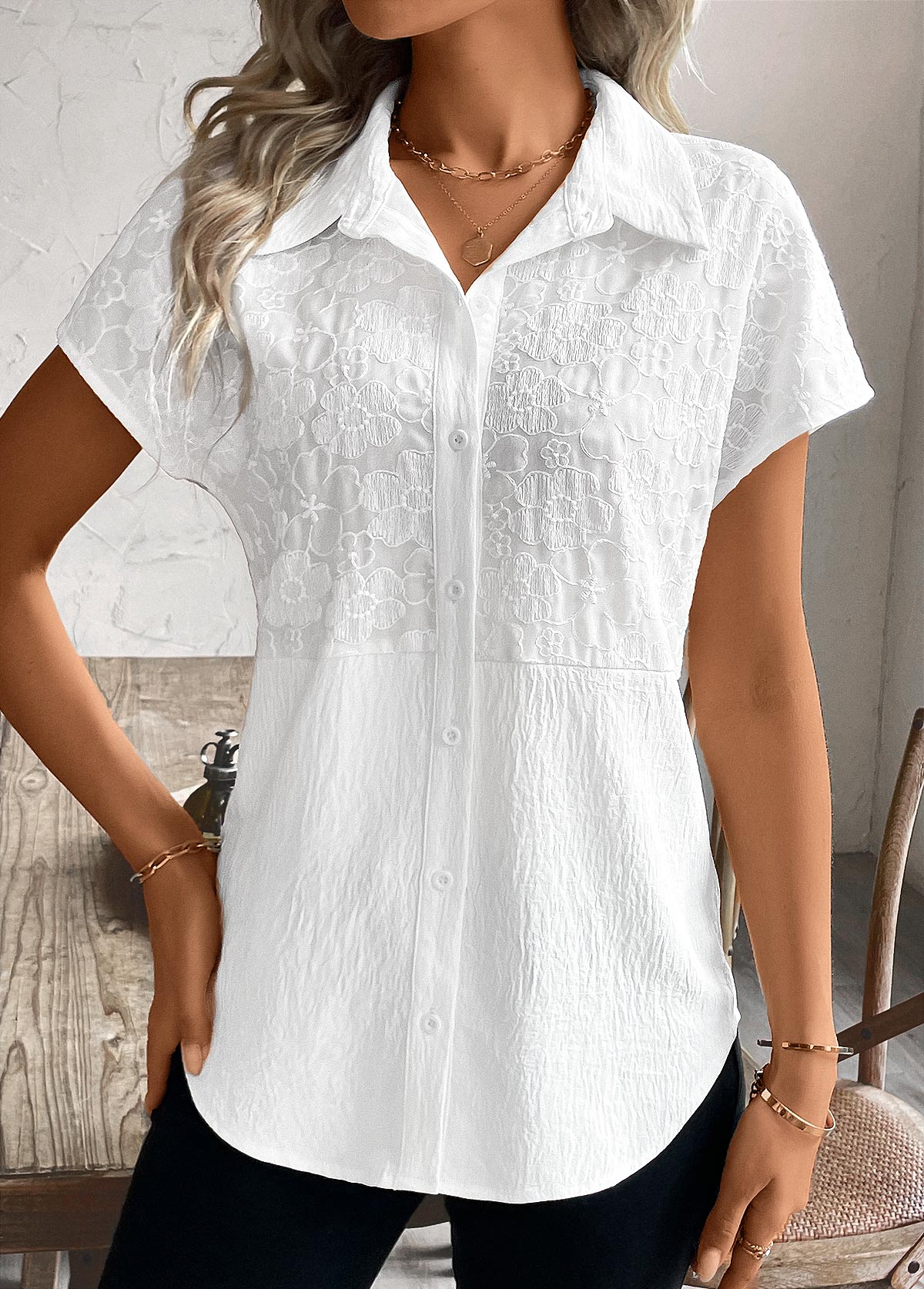 White Patchwork Short Sleeve Shirt Collar Blouse | picture 
