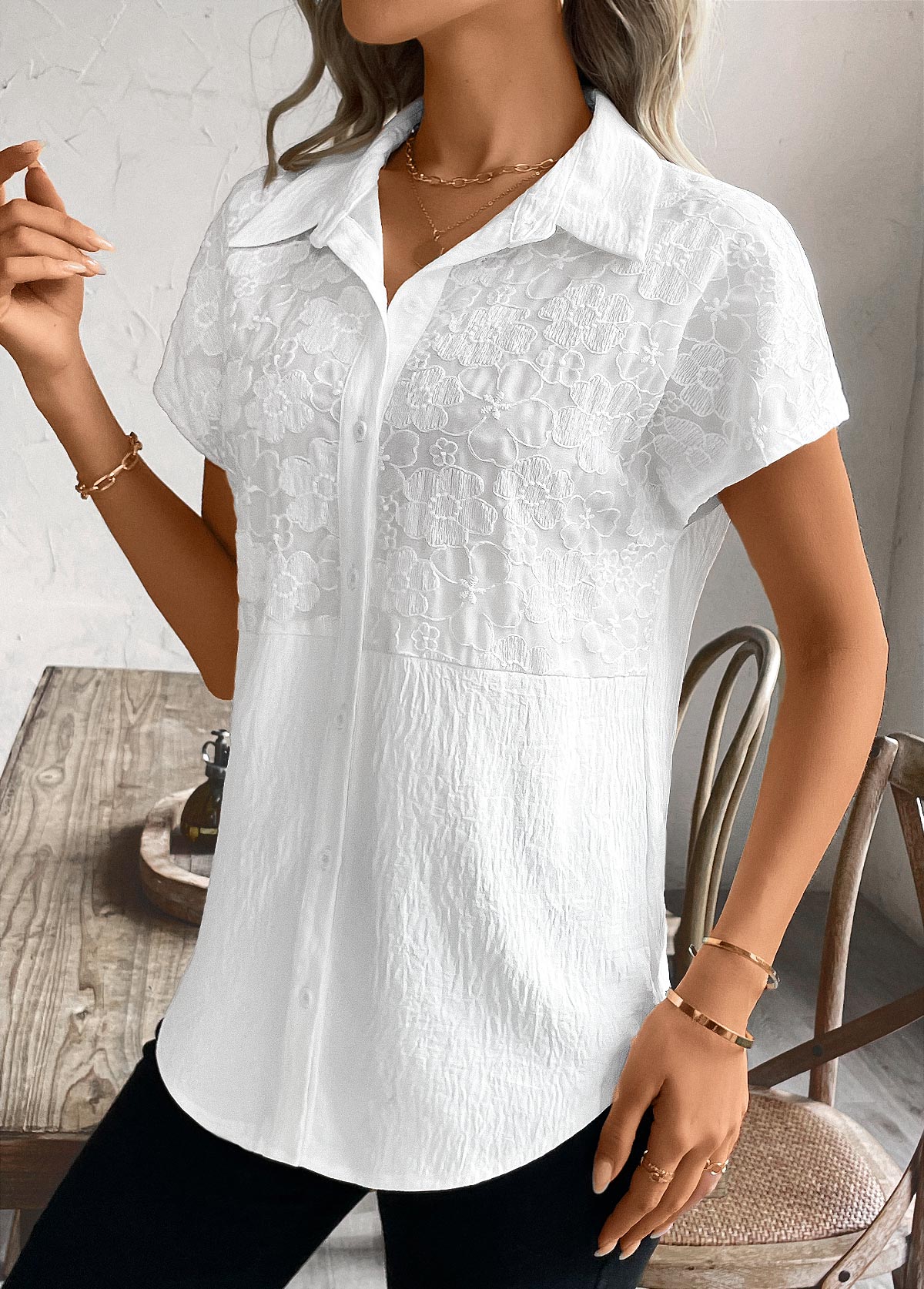 White Patchwork Short Sleeve Shirt Collar Blouse | picture 