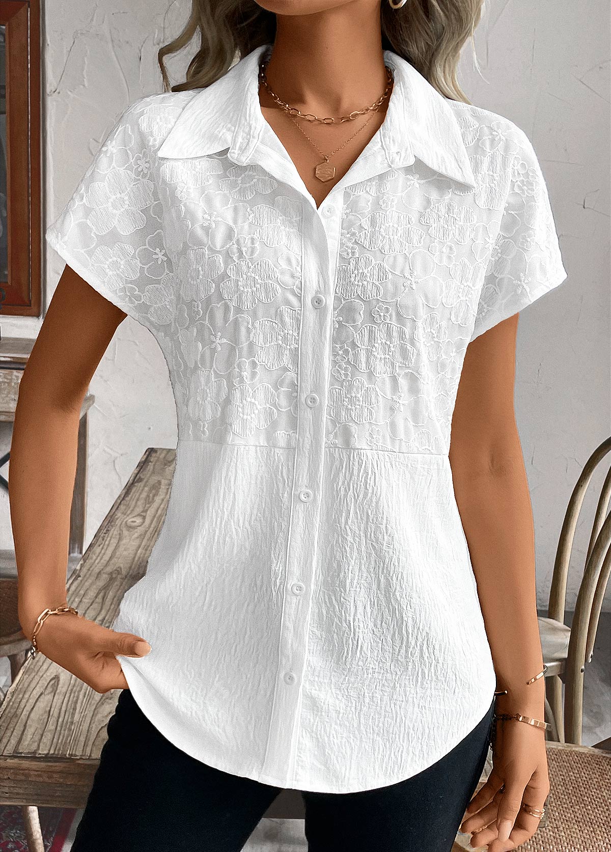 White Patchwork Short Sleeve Shirt Collar Blouse