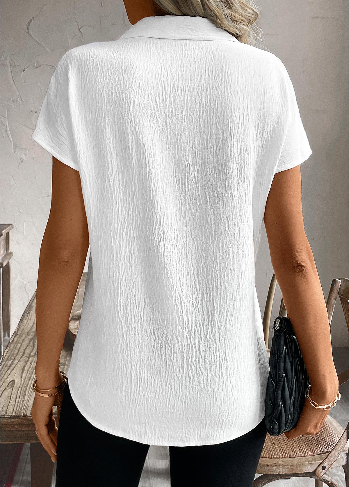 White Patchwork Short Sleeve Shirt Collar Blouse | picture 