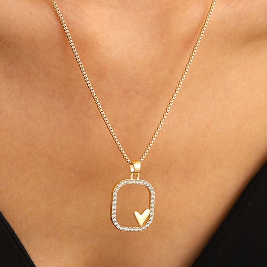 Golden Heart Detail Rhinestone Alloy Necklace