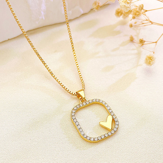 Golden Heart Detail Rhinestone Alloy Necklace