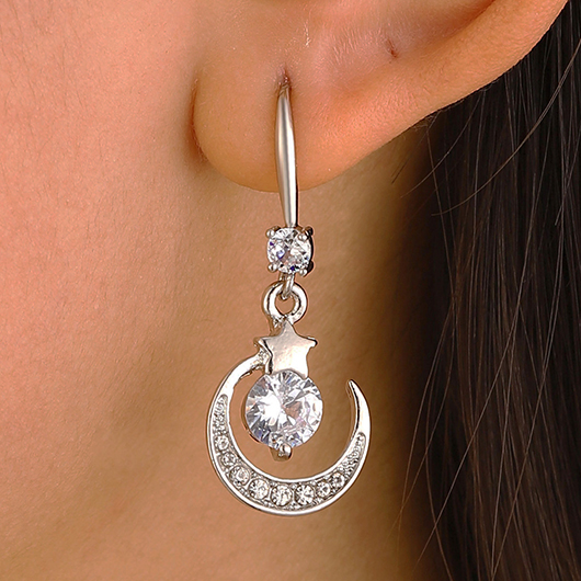 Silvery White Moon Rhinestone Alloy Earrings