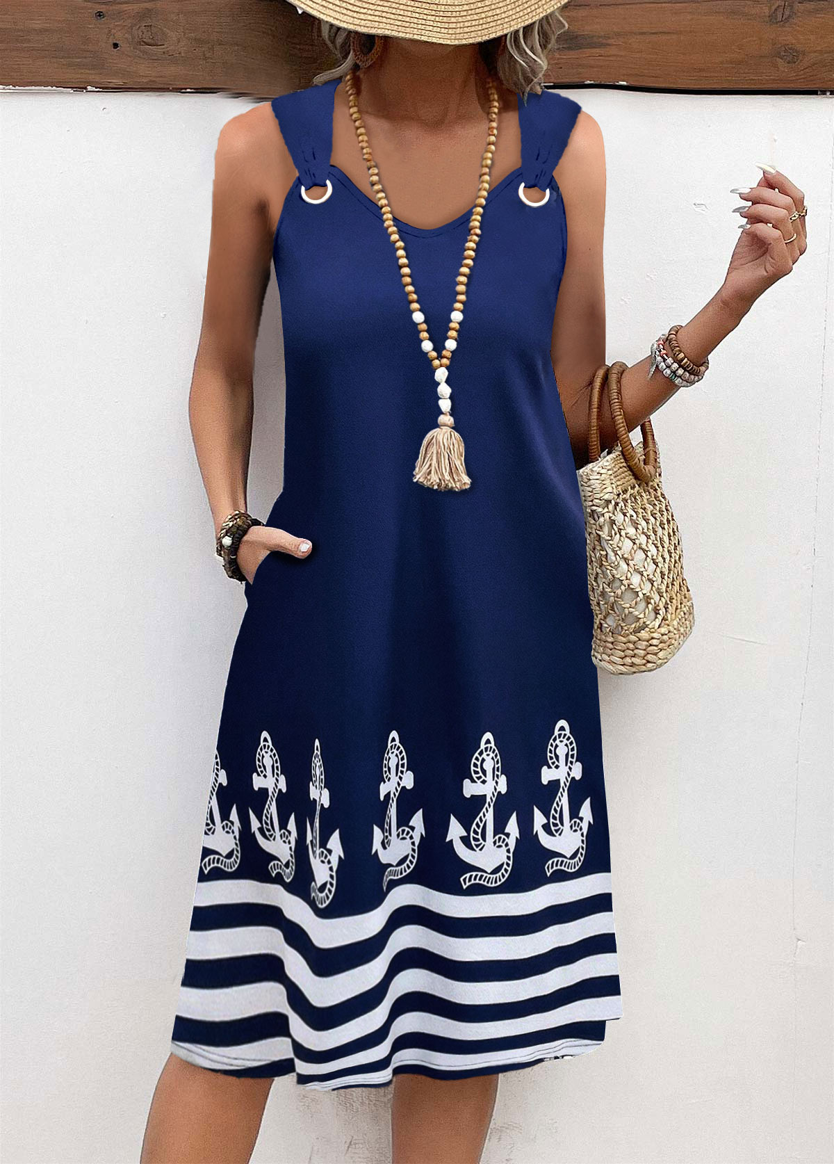 Plus Size Navy Tummy Coverage Geometric Print Sleeveless Dress | picture 