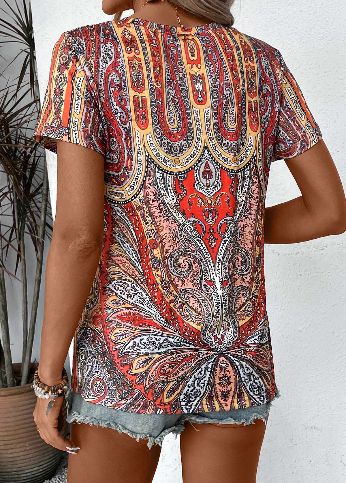 Multi Color Lightweight Tribal Print Short Sleeve T Shirt