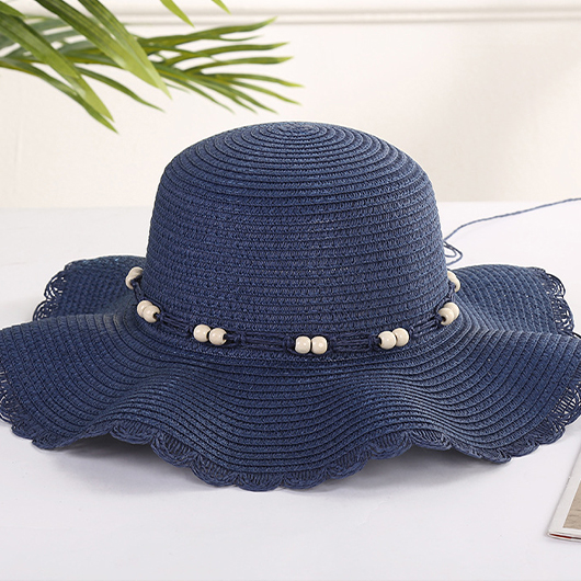 Beads Navy Scalloped Hem Straw Hat