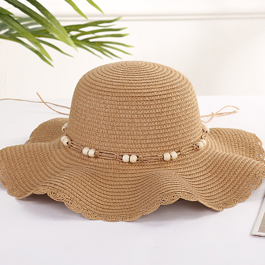 Dark Camel Beads Scalloped Hem Straw Hat | picture 