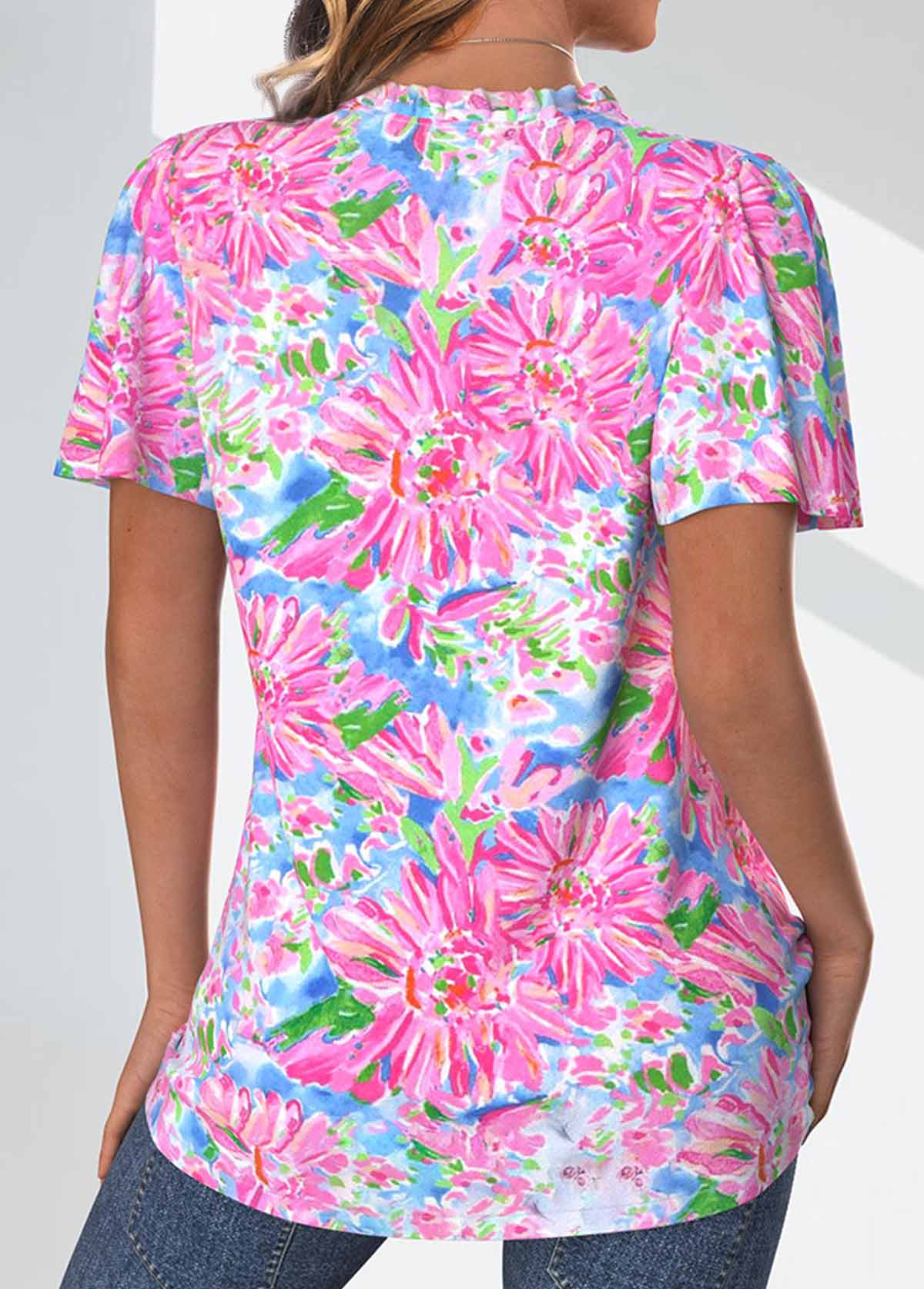 Neon Pink Frill Floral Print Short Sleeve Blouse