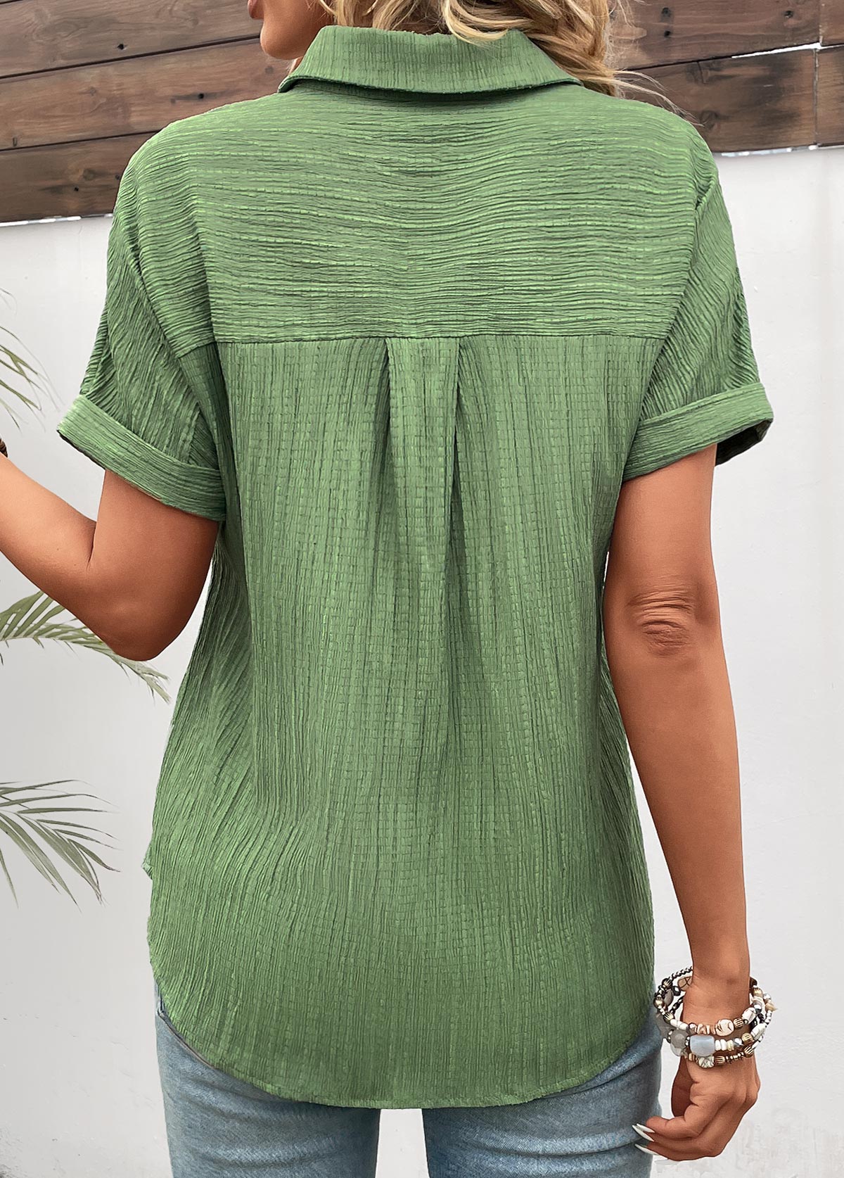 Green Patchwork Short Sleeve Shirt Collar Blouse