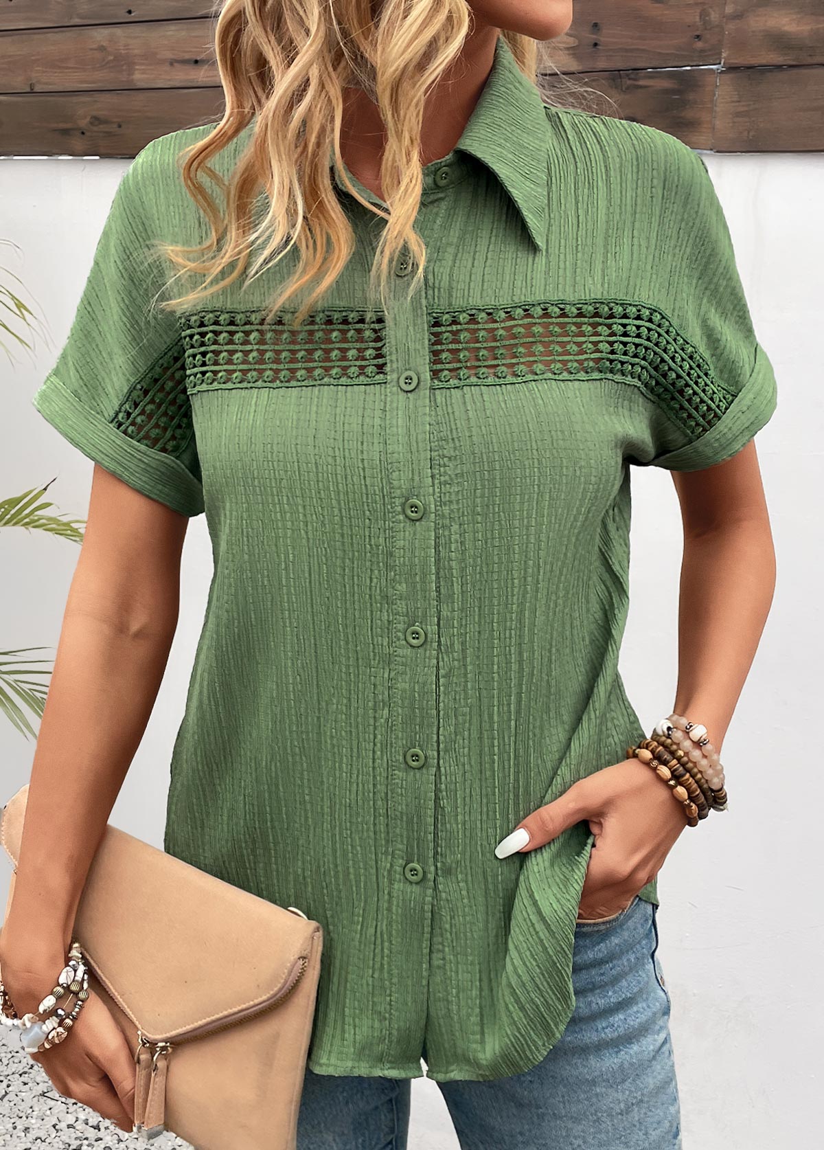 Green Patchwork Short Sleeve Shirt Collar Blouse