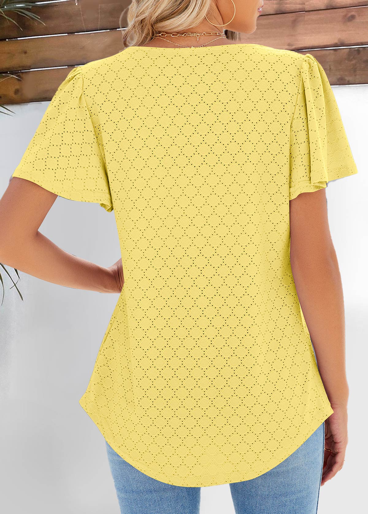 Light Yellow Pleated Short Sleeve Square Neck Blouse