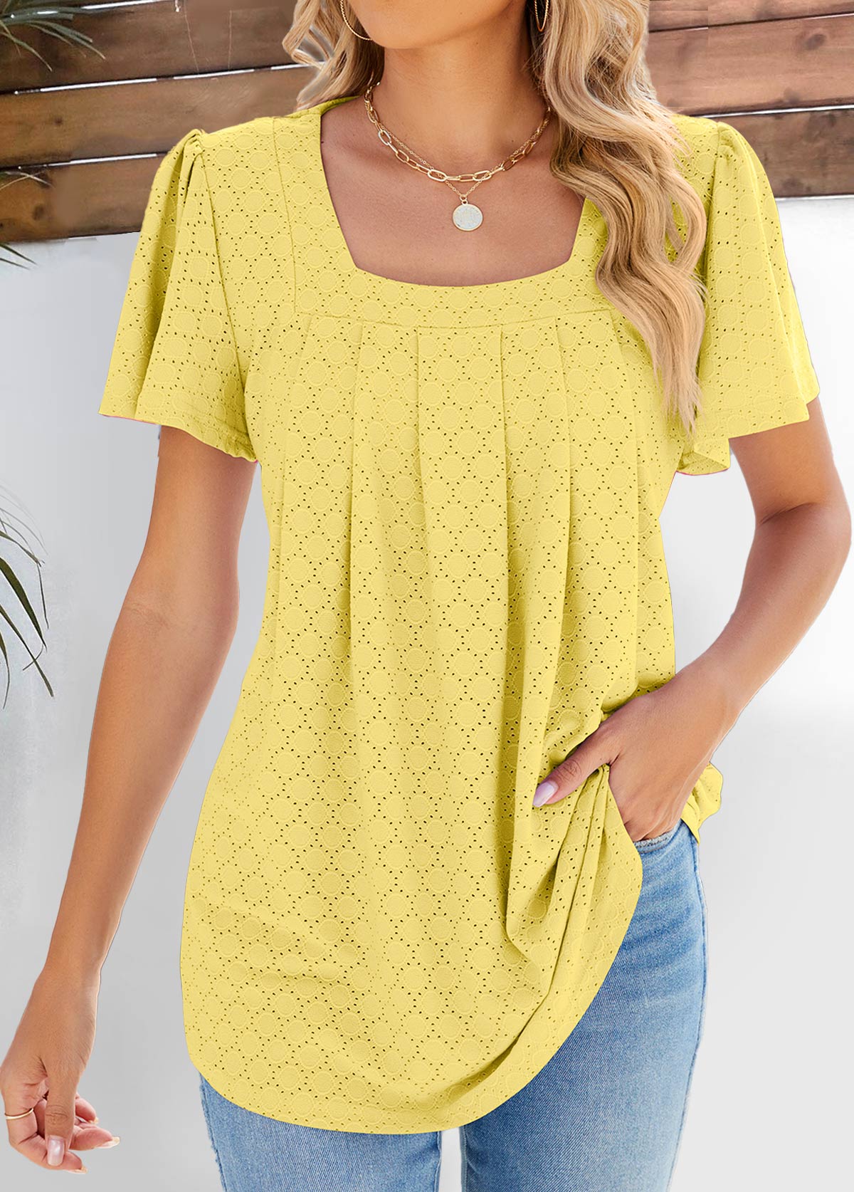Light Yellow Pleated Short Sleeve Square Neck Blouse