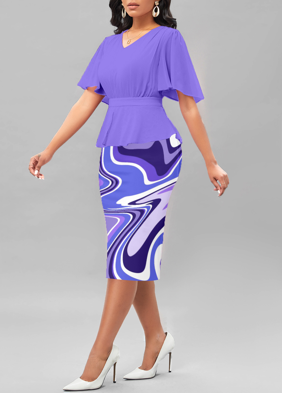 Light Purple Split Geometric Print Short Sleeve Bodycon Dress