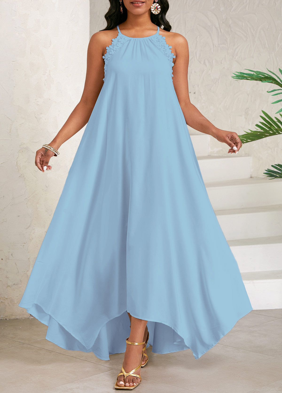 Dusty Blue Lace Maxi A Line Sleeveless Dress