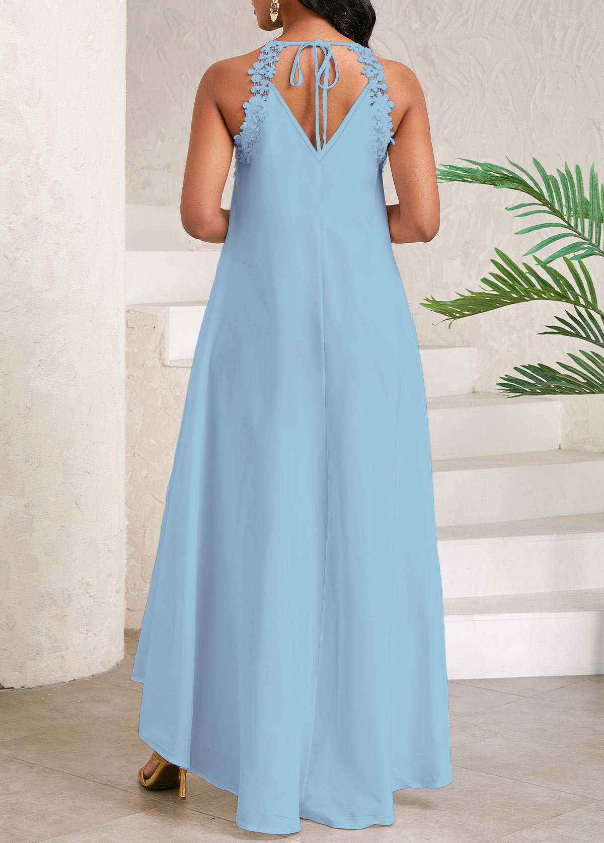 Dusty Blue Lace Maxi A Line Sleeveless Dress