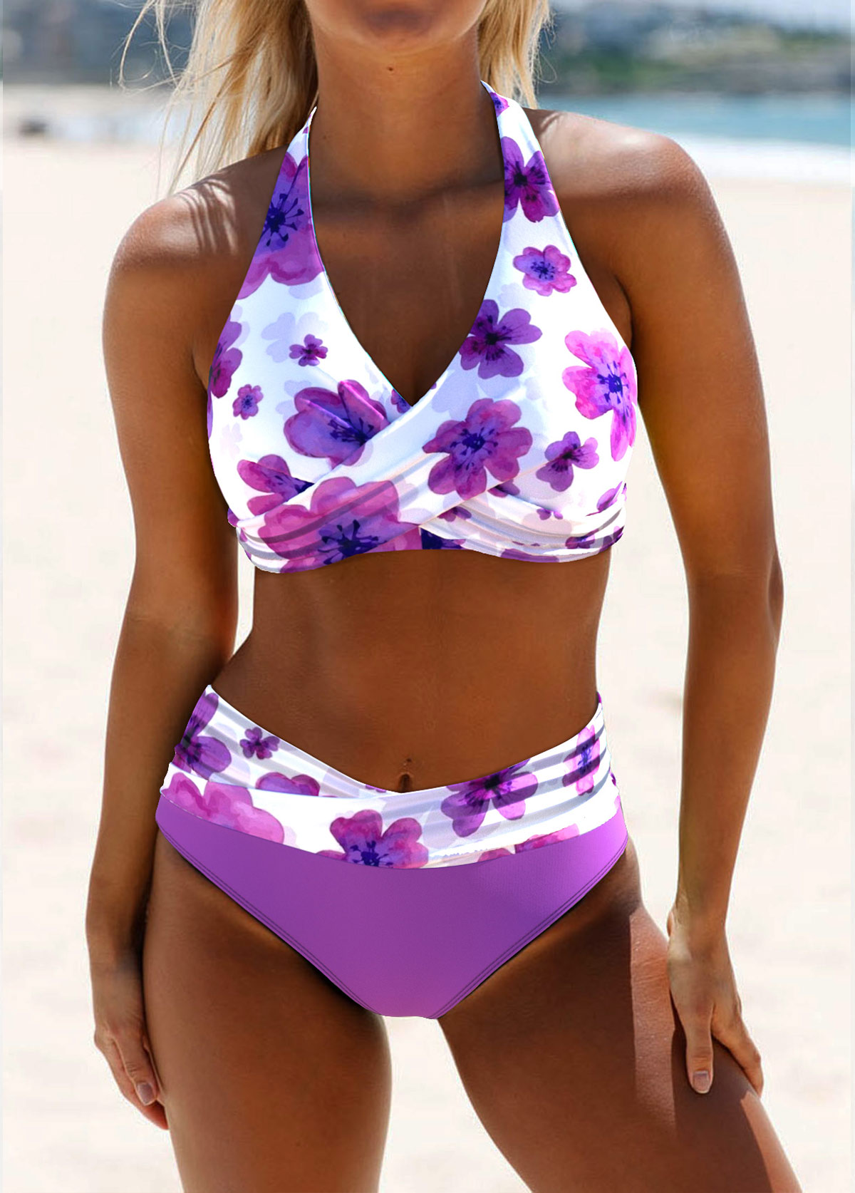 Criss Cross Floral Print Purple Bikini Set