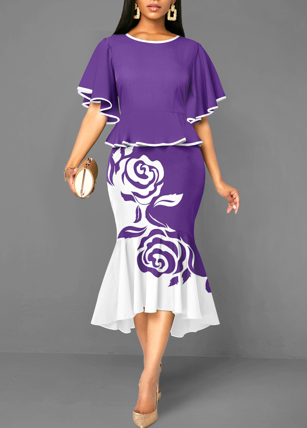 Purple Mermaid Floral Print High Low Bodycon Dress