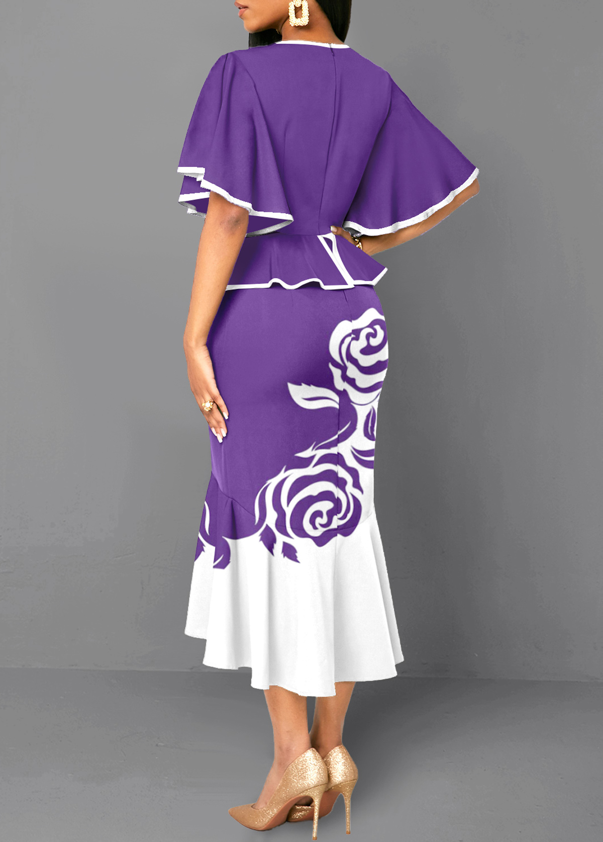 Purple Mermaid Floral Print High Low Bodycon Dress