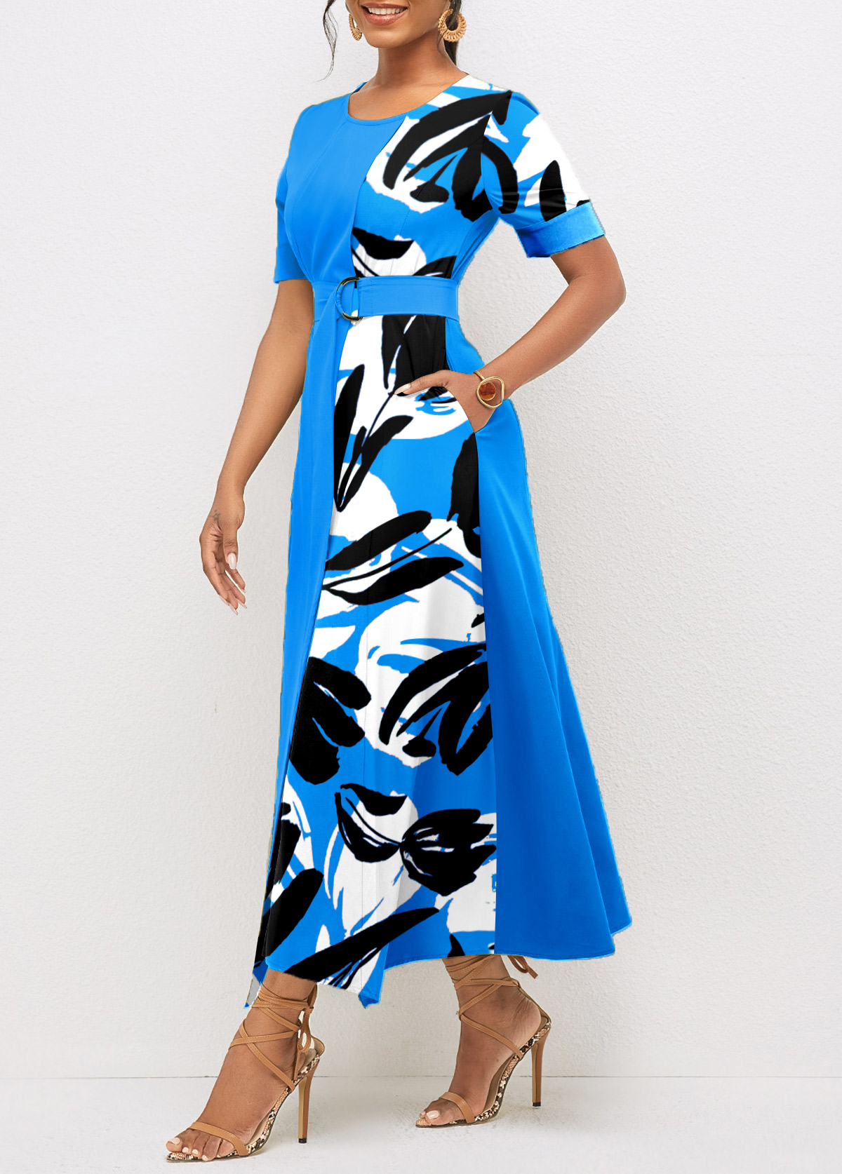 Sky Blue Patchwork Graffiti Print Belted Short Sleeve Dress