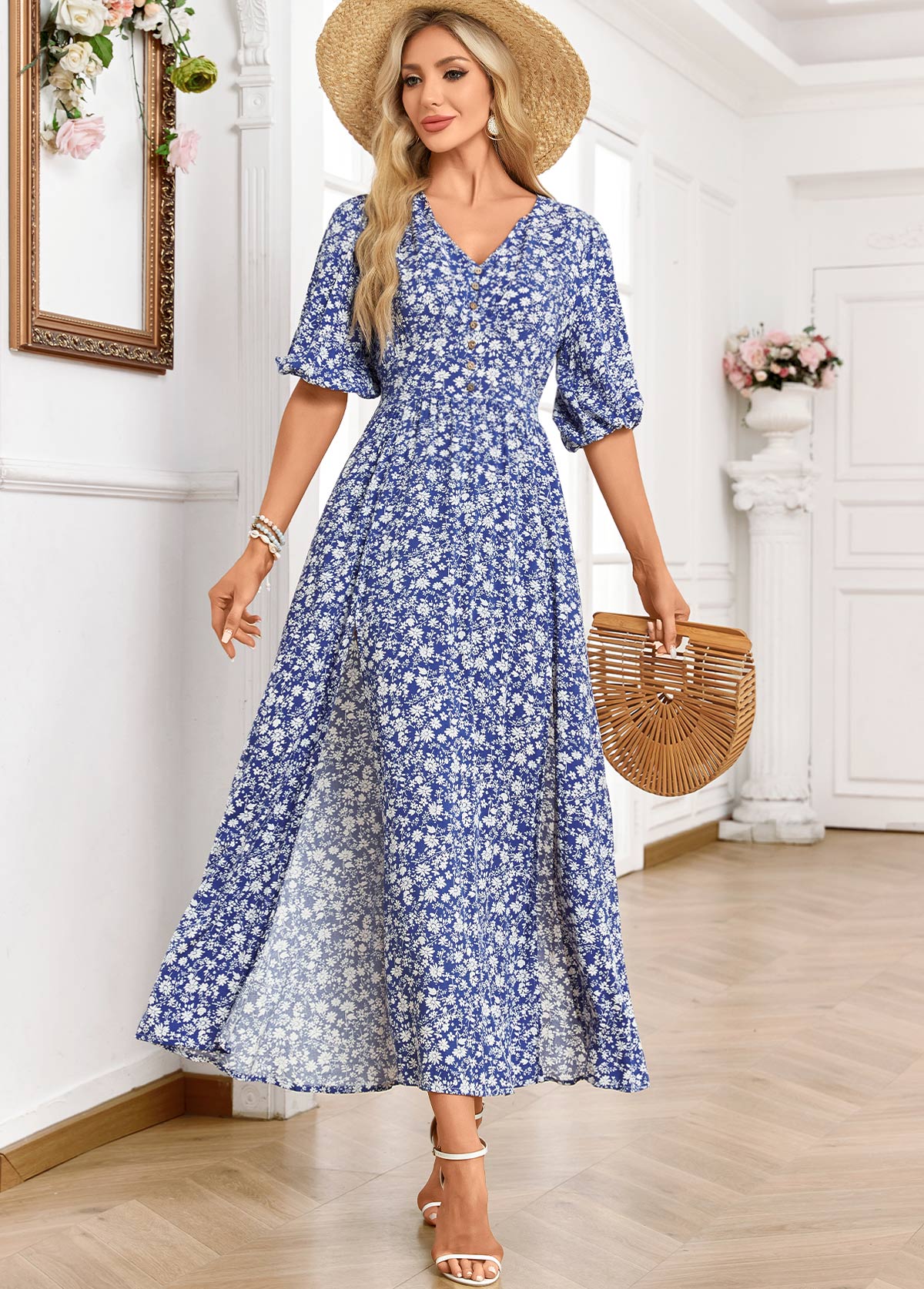 Blue Split Ditsy Floral Print Half Sleeve Maxi Dress