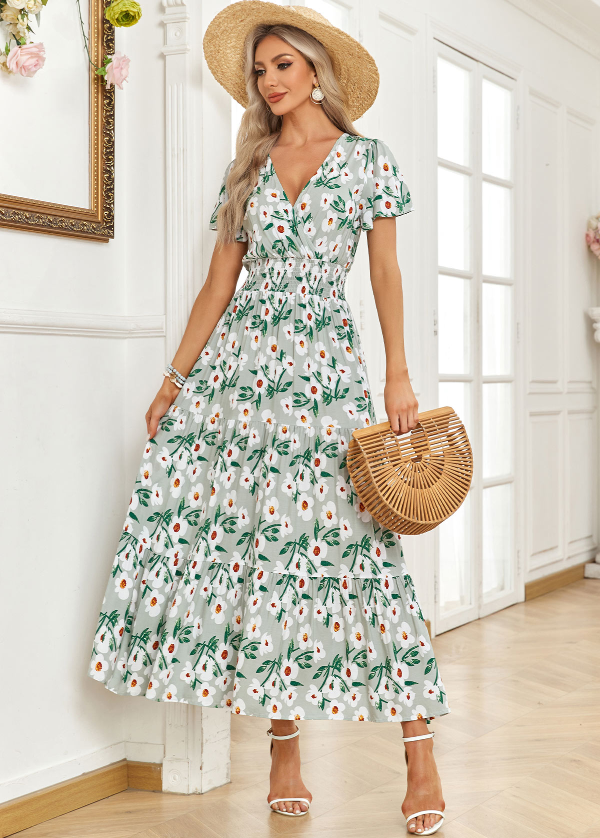 Green Smocked Floral Print Short Sleeve Maxi Dress