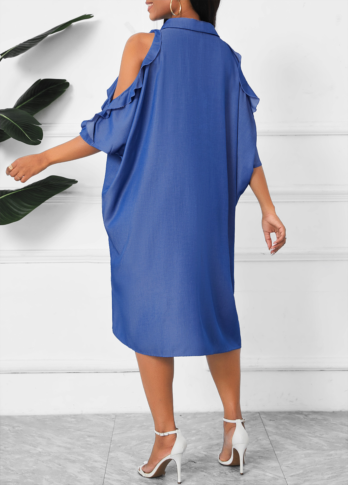 Denim Blue Button O Shape 3/4 Sleeve Dress