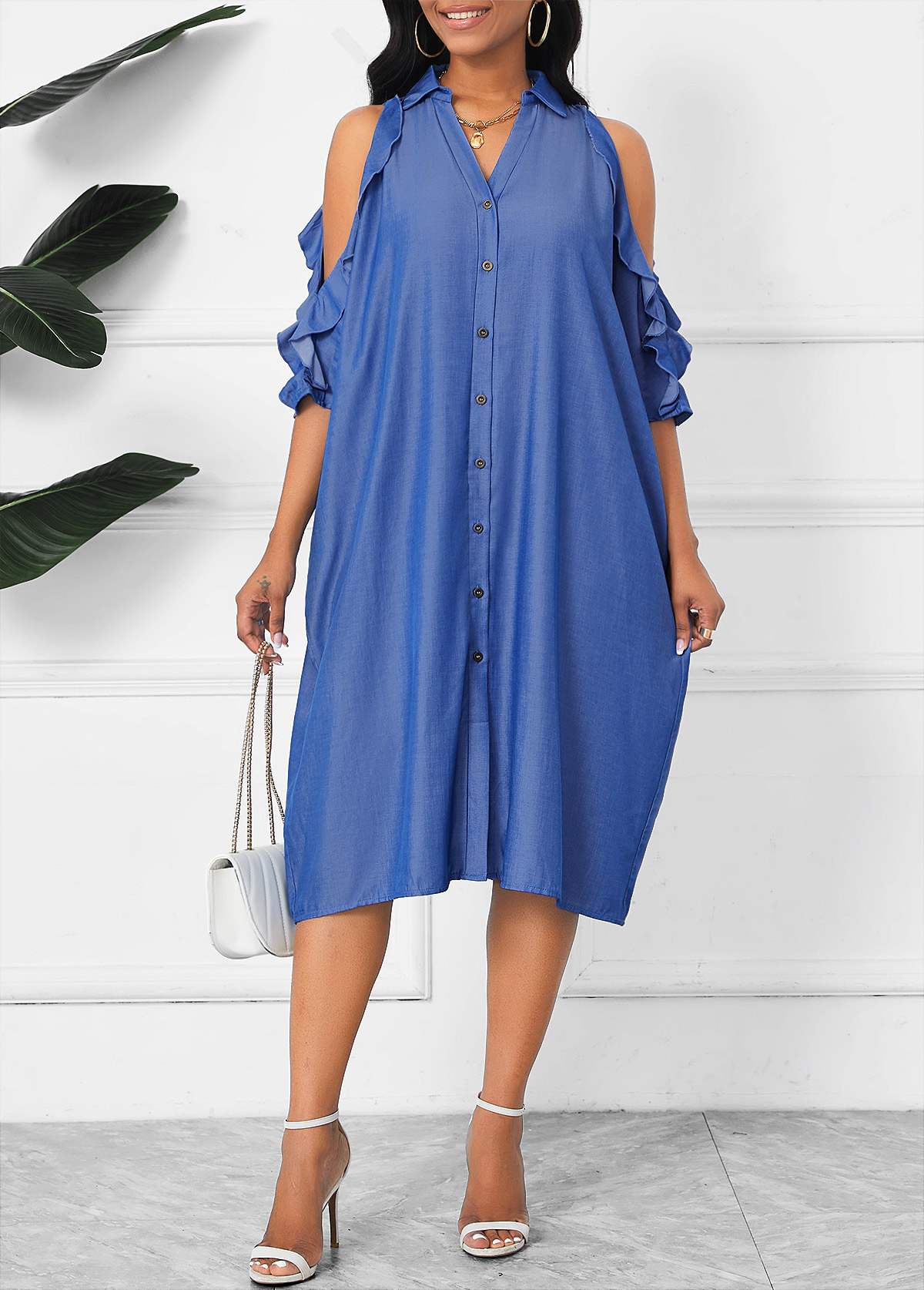 Denim Blue Button O Shape 3/4 Sleeve Dress
