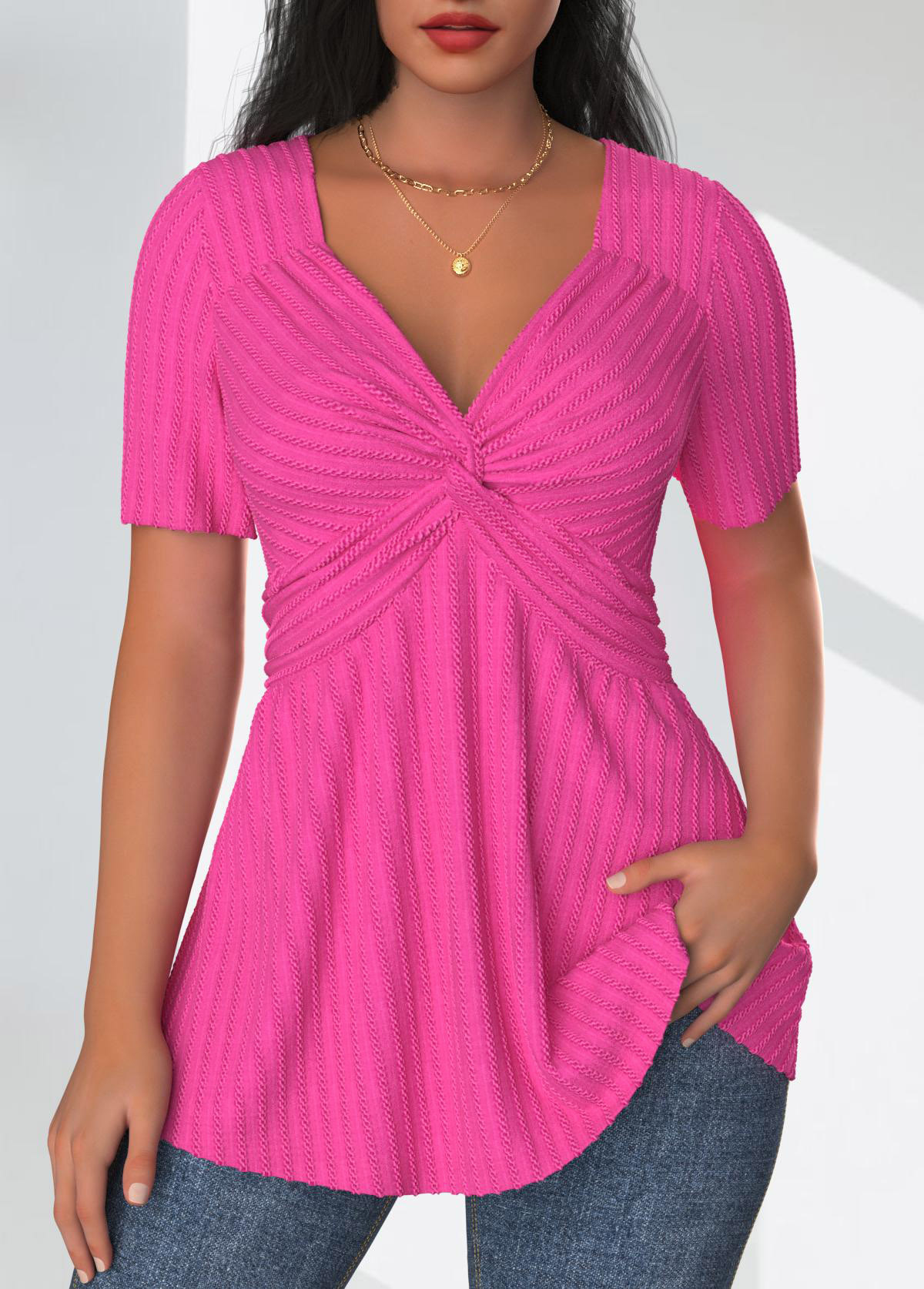 Hot Pink Textured Fabric Short Sleeve T Shirt