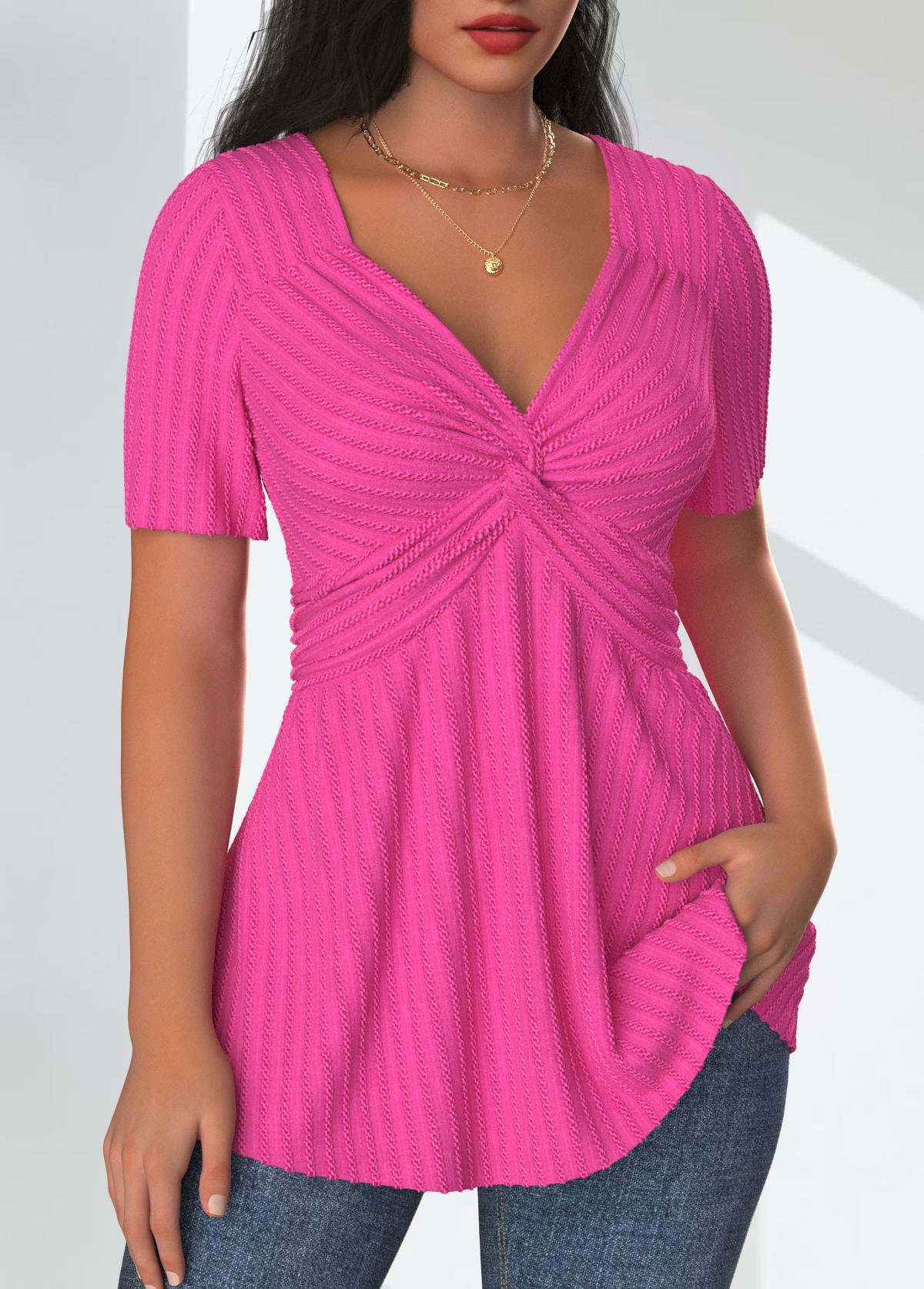 Hot Pink Textured Fabric Short Sleeve T Shirt