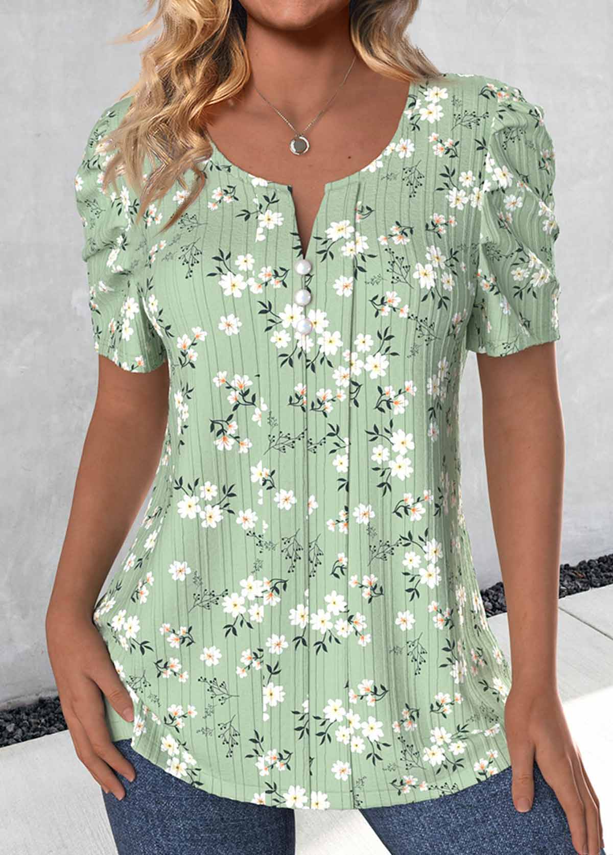 Light Green Button Ditsy Floral Print T Shirt