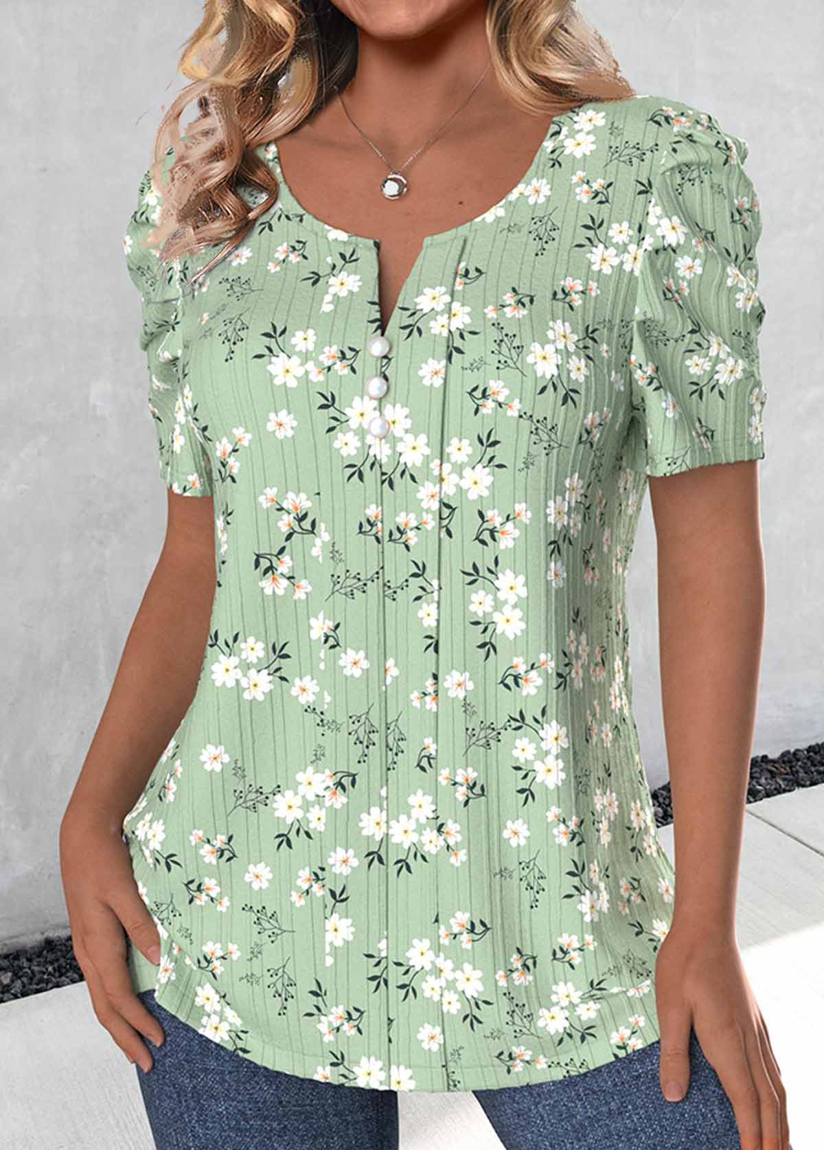 Light Green Button Ditsy Floral Print T Shirt