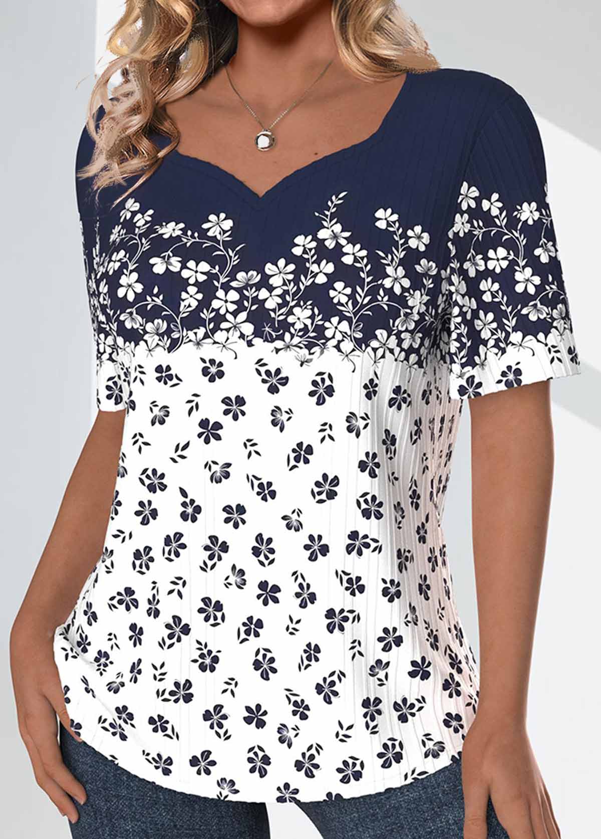 Navy Textured Fabric Ditsy Floral Print T Shirt
