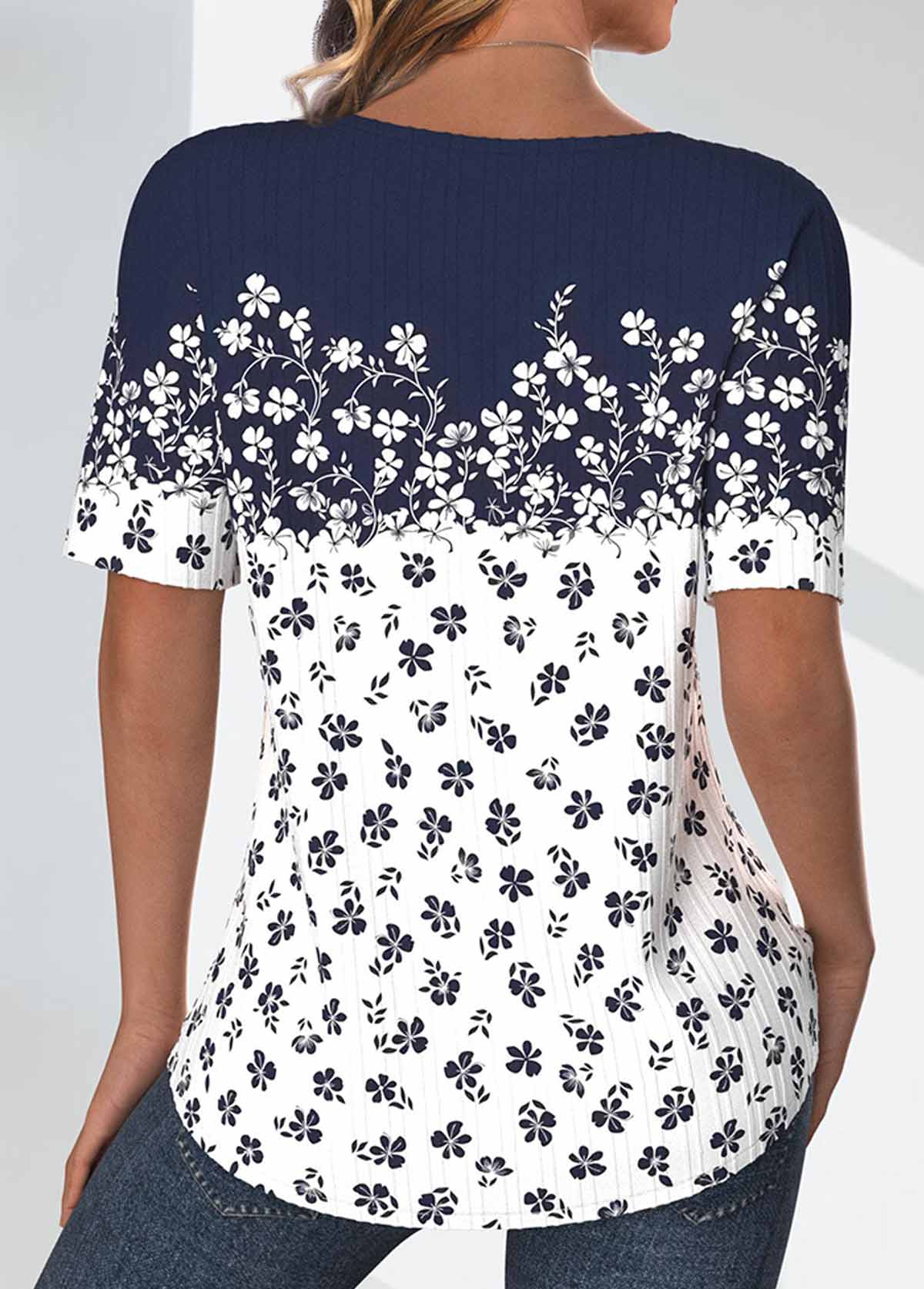 Navy Textured Fabric Ditsy Floral Print T Shirt