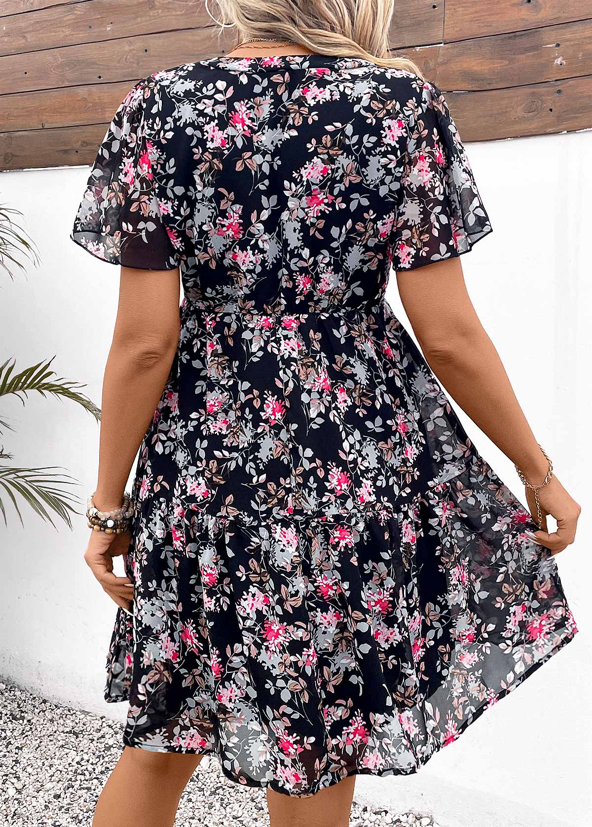 Black Split Ditsy Floral Print Short Sleeve Dress