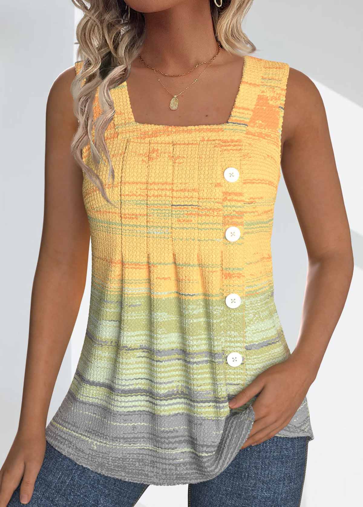 Plus Size Light Yellow Button Ombre Sleeveless Tank Top | picture 