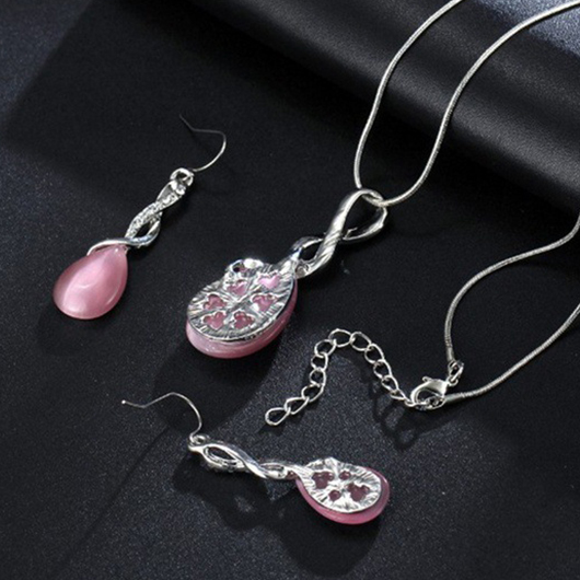 Pink Alloy Waterdrop Rhinestone Earrings and Necklace