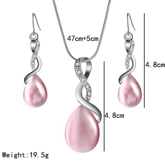 Pink Alloy Waterdrop Rhinestone Earrings and Necklace