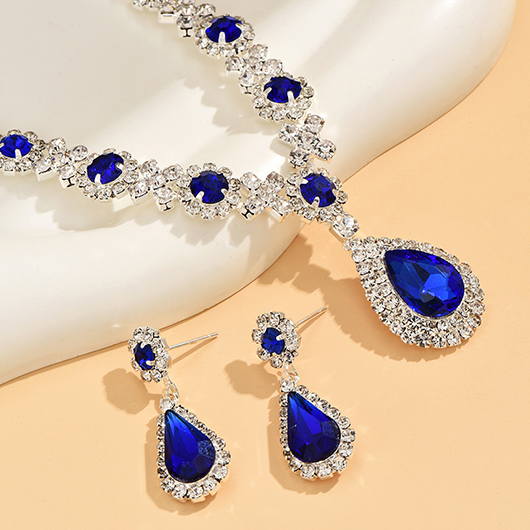 Blue Rhinestone Waterdrop Earrings and Necklace
