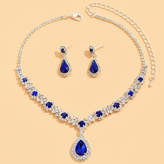 Blue Rhinestone Waterdrop Earrings and Necklace
