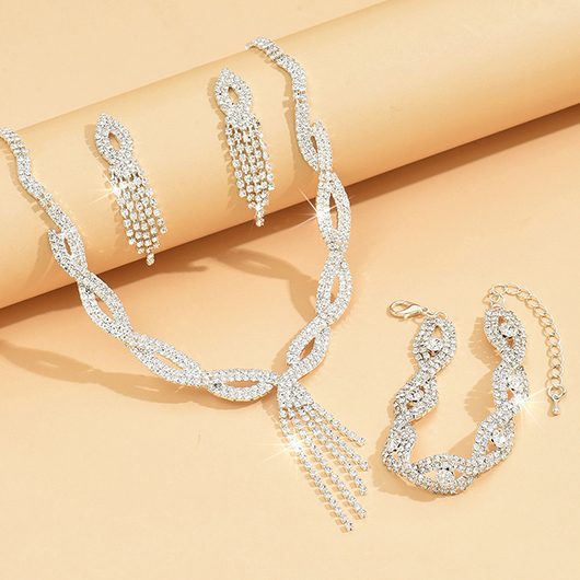 Silvery White Rhinestone Necklace Bracelet and Bracelet