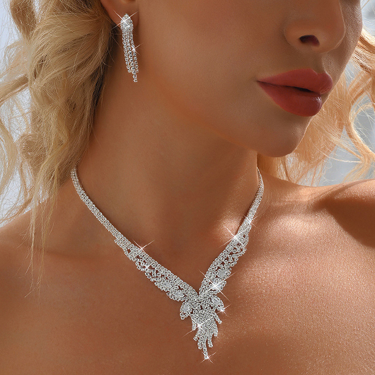 Silvery White Rhinestone Tassel Earrings and Necklace