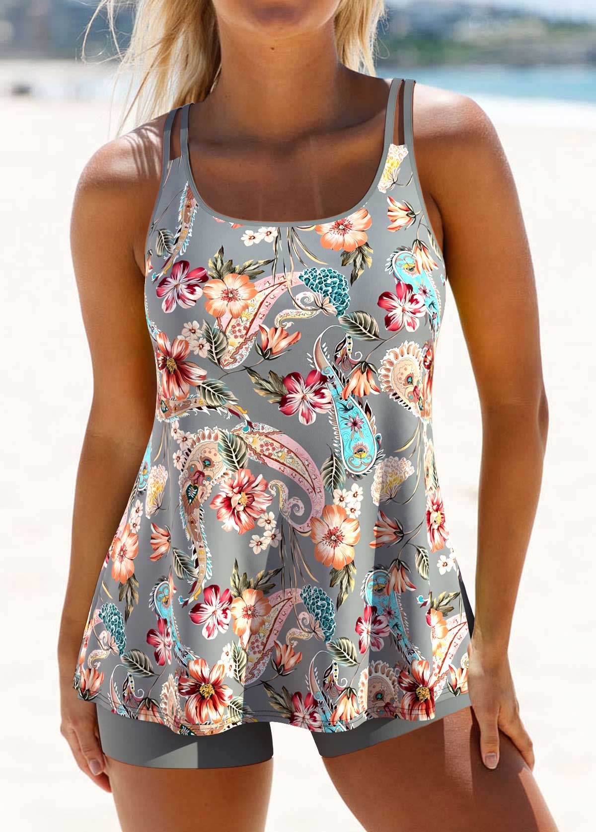 Patchwork Paisley Print Grey Tankini Set | picture 