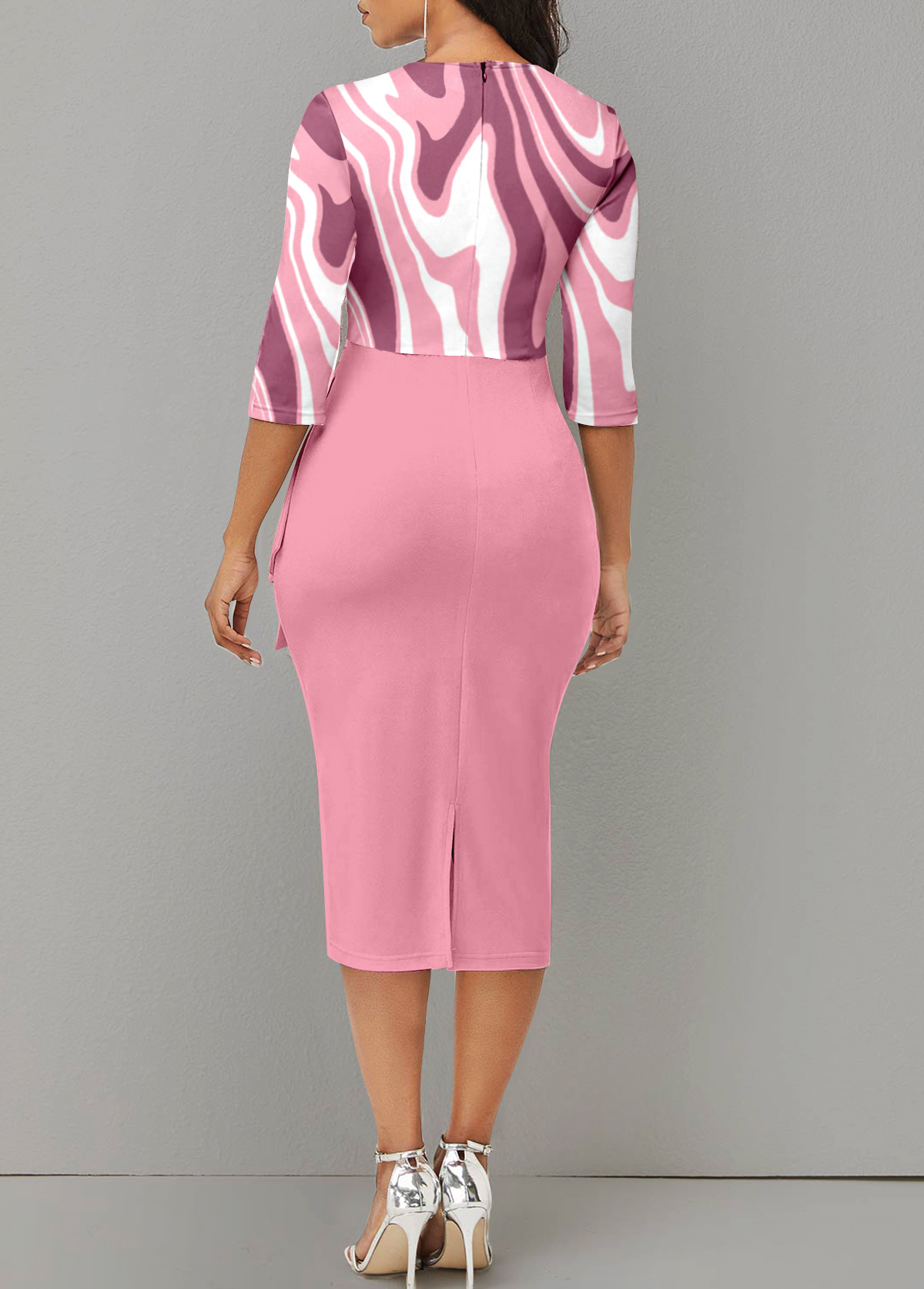 Light Pink Asymmetry Geometric Print 3/4 Sleeve Dress
