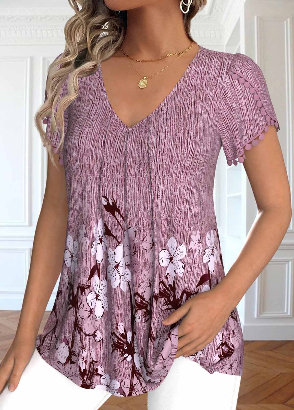 Dark Reddish Purple Embroidery Floral Print T Shirt