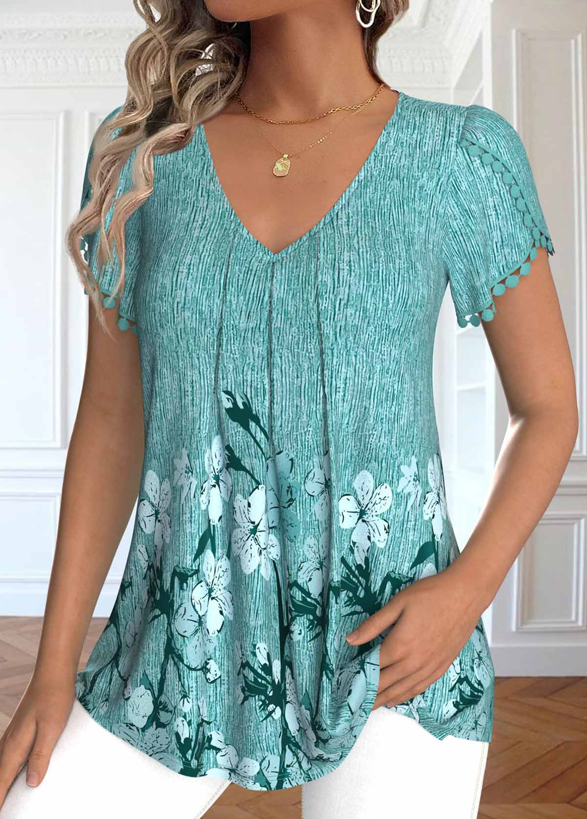 Mint Green Embroidery Floral Print Short Sleeve T Shirt