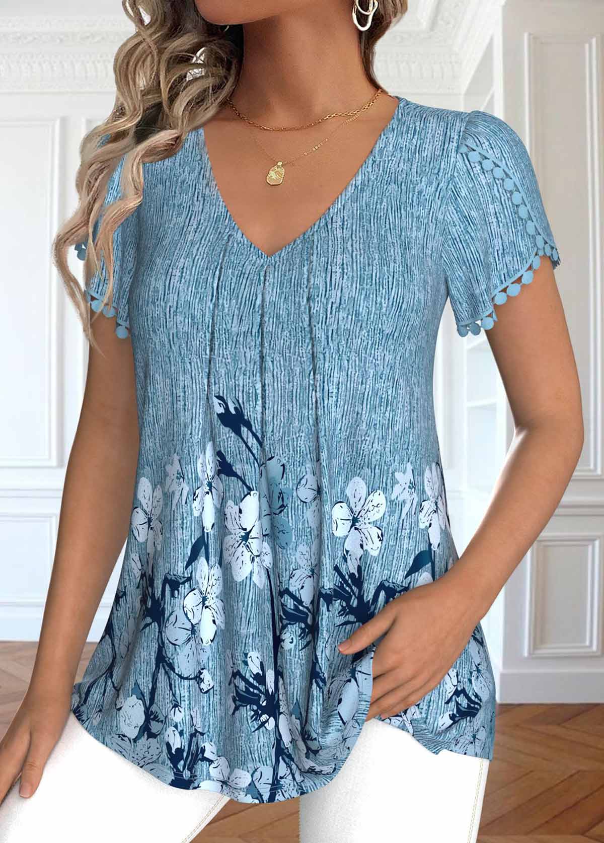 Dusty Blue Embroidery Floral Print Short Sleeve T Shirt