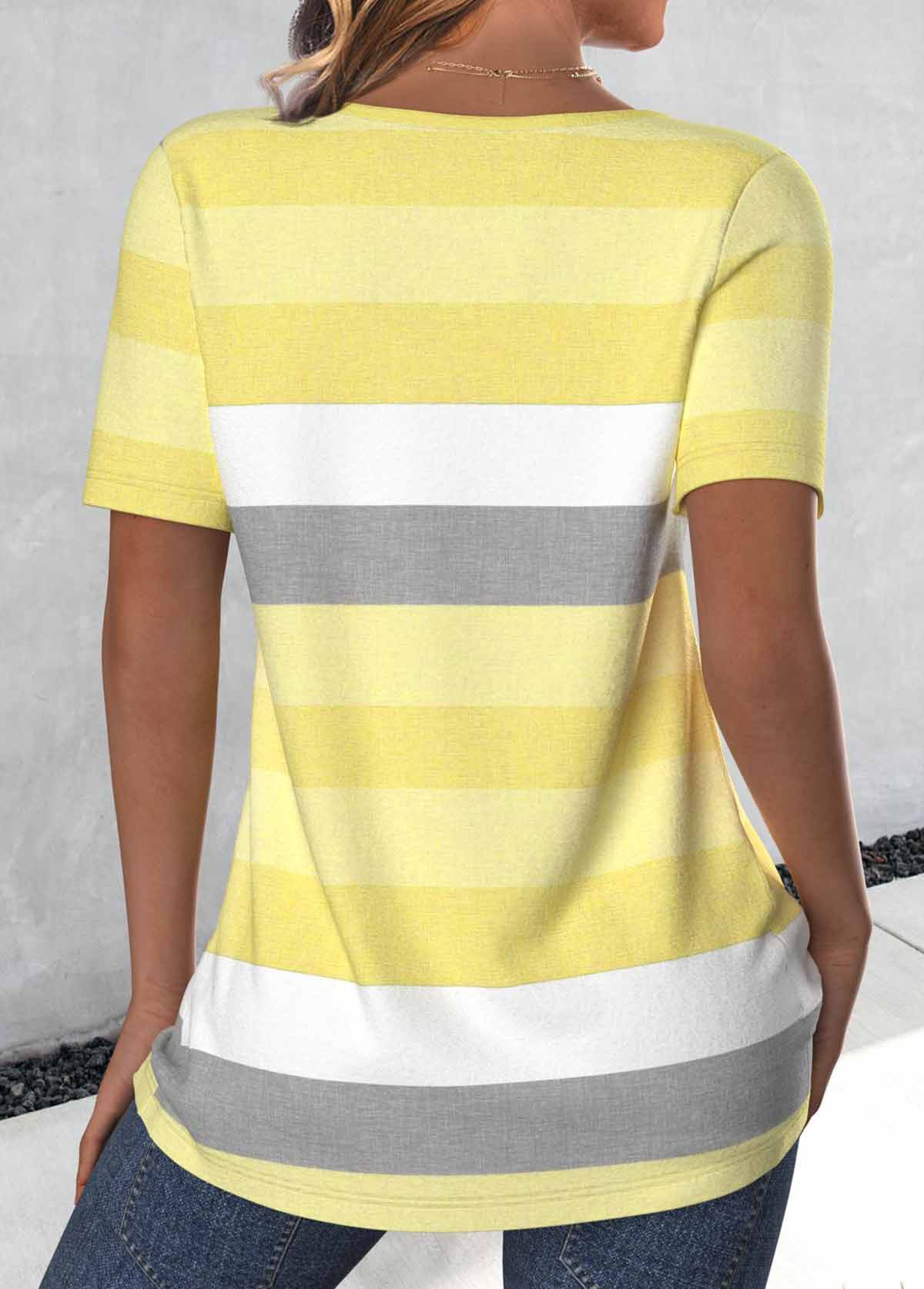 Light Yellow Button Striped Short Sleeve T Shirt