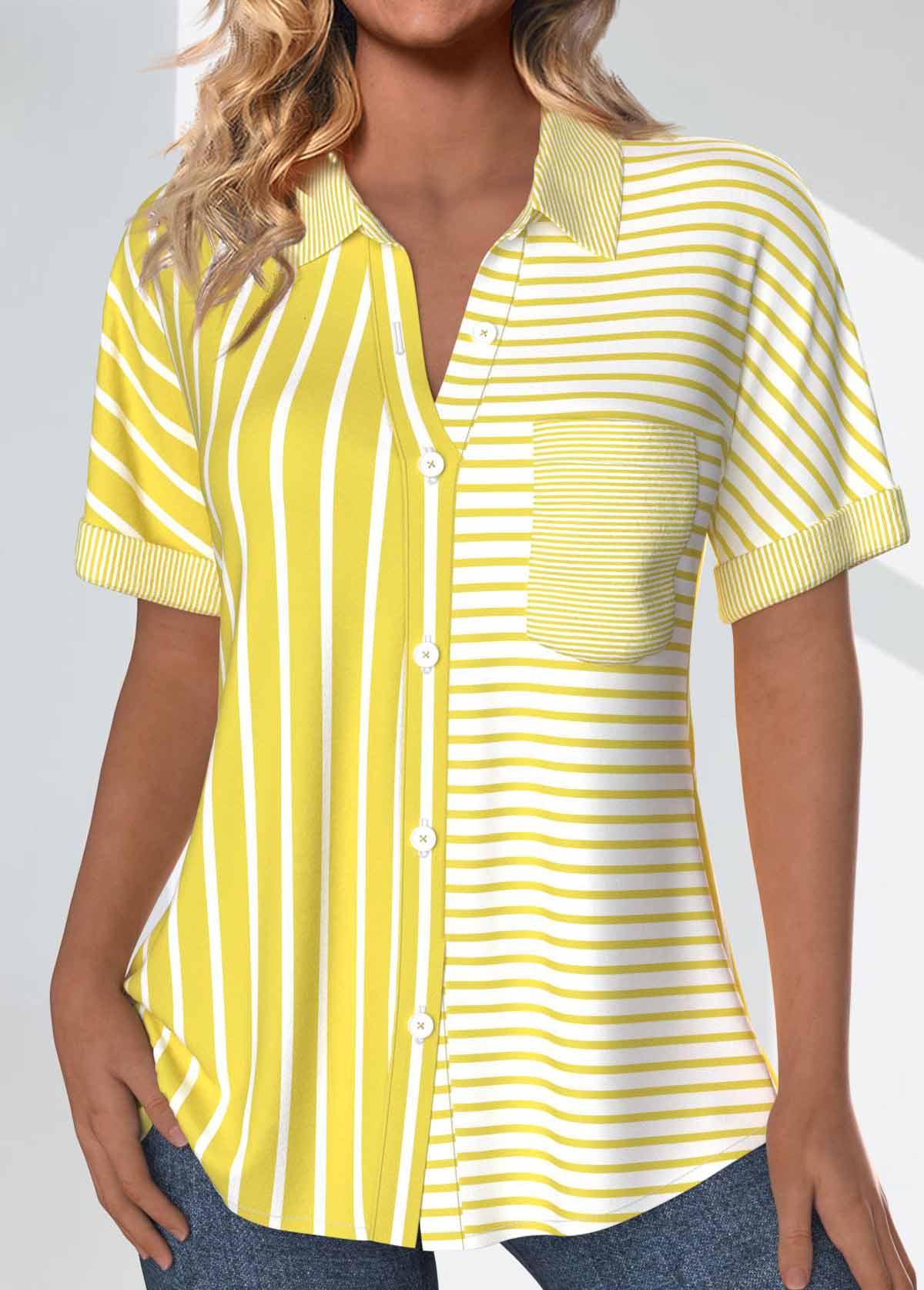 Light Yellow Pocket Striped Short Sleeve Shirt