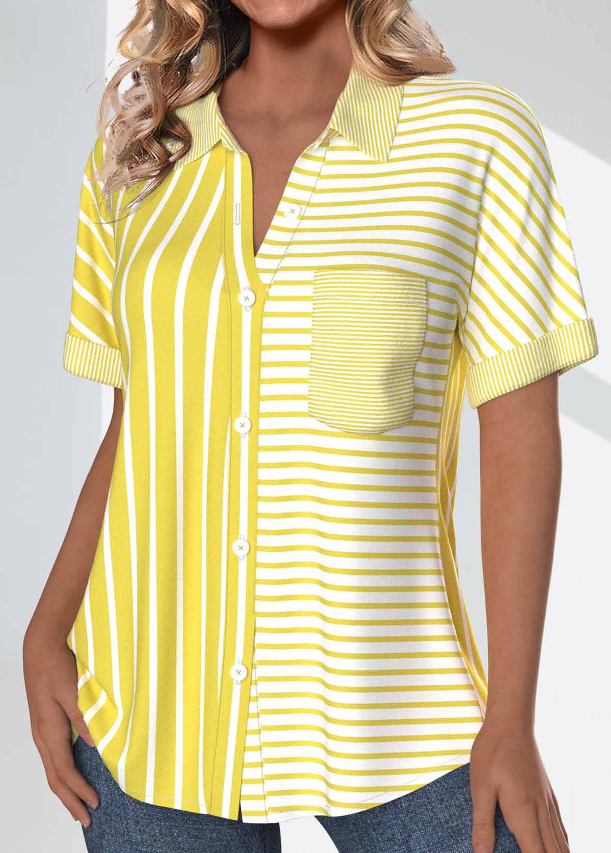 Light Yellow Pocket Striped Short Sleeve Shirt